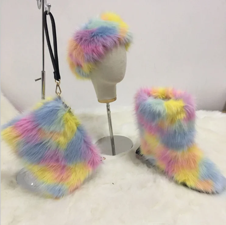 

Dropshipping Fall Winter Girl Lady Boots Hat Purse Fur Faux Kids Sets Furry Bag Headbands Womens Toddler Designer Boot Set, Picture color