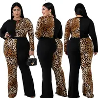 

10008DA Leopard Contrast Color Crop Top Outfits Women Two Piece Sets Plus Size Clothing Sexy