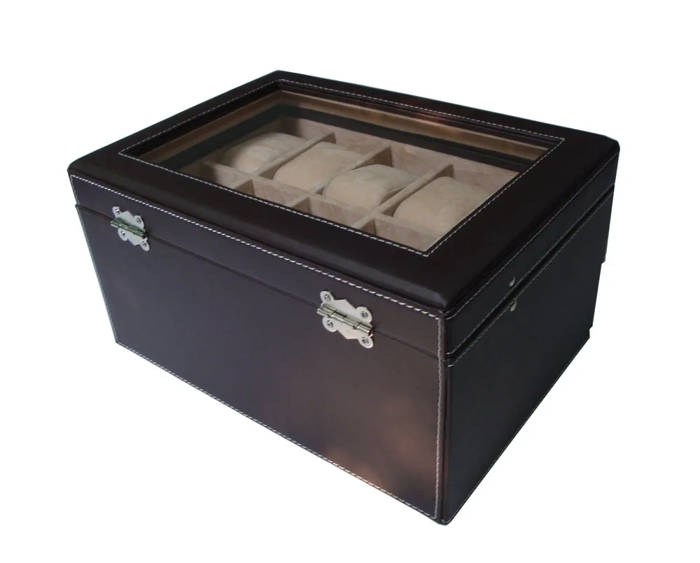 
Watch Box Organizer 10+10 Men Display Storage Case Jewelry Box Metal Hinge Black PU Leather Glass Top Large Holder 