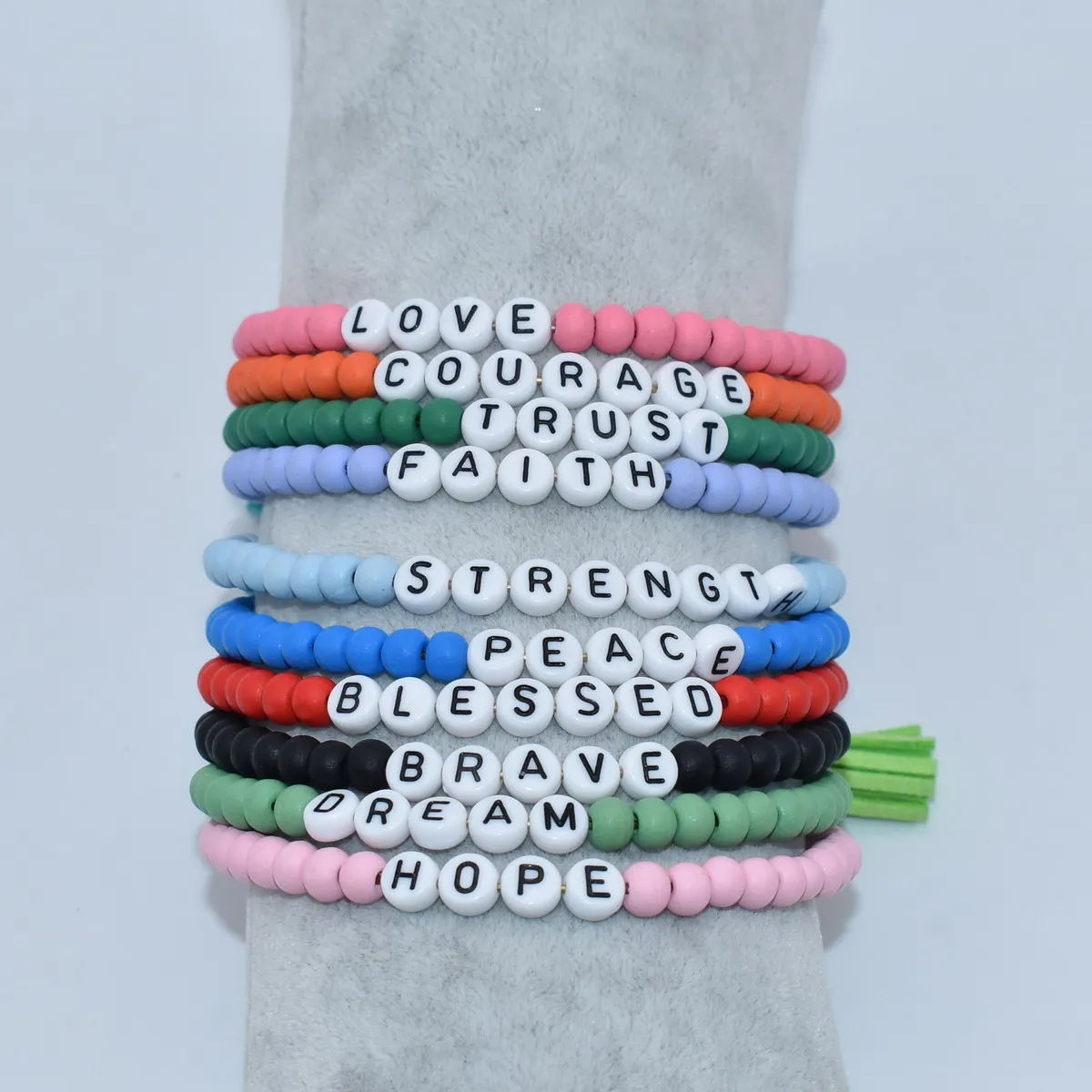 

New designs custom personalized wooden beads enamel acrylic letter words LOVE MAMA bangle bracelet for women with suede tassel