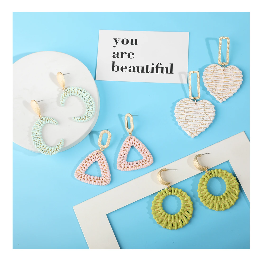 

2021 Fashion handmade rattan earrings ethnic style retro geometry color wood earring for women, Optional