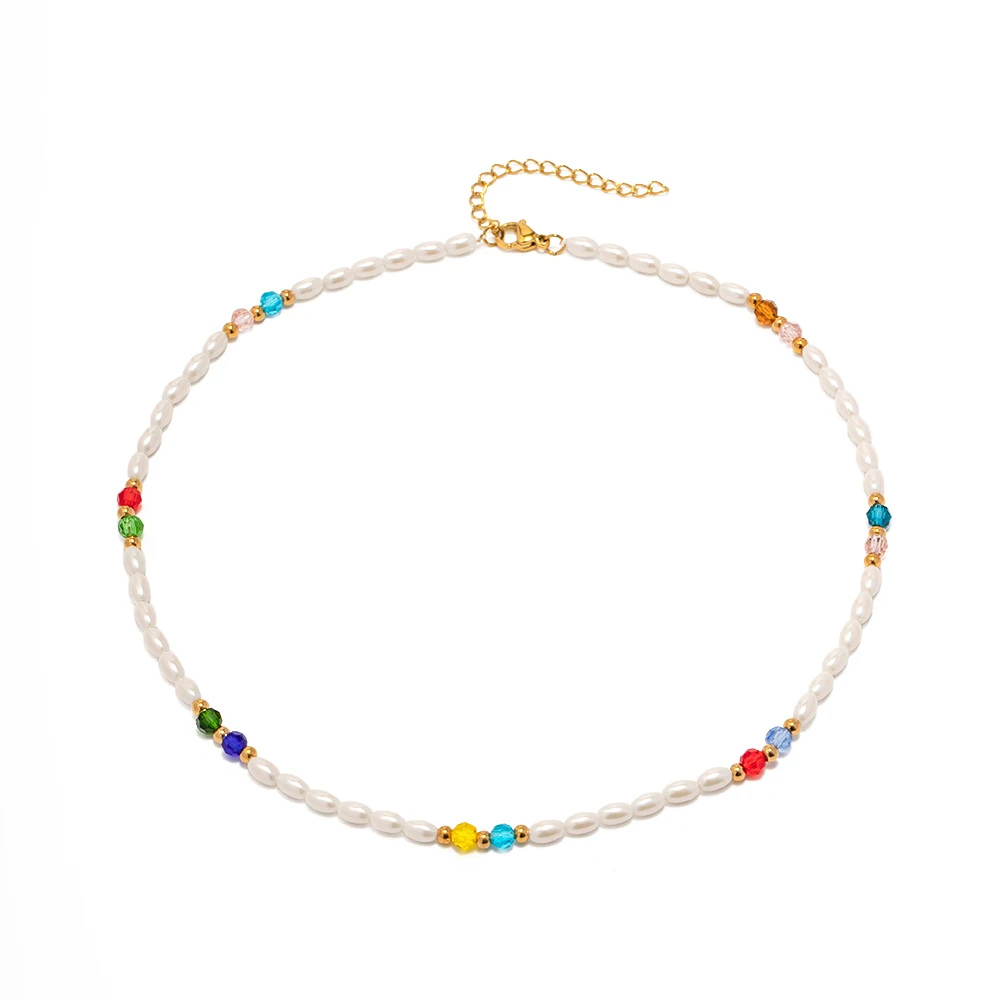 

Colorful Crystal Pearl Necklace 18k PVD Gold Plated Elegant Pearl Clavicle Chain Jewelry Necklace Set