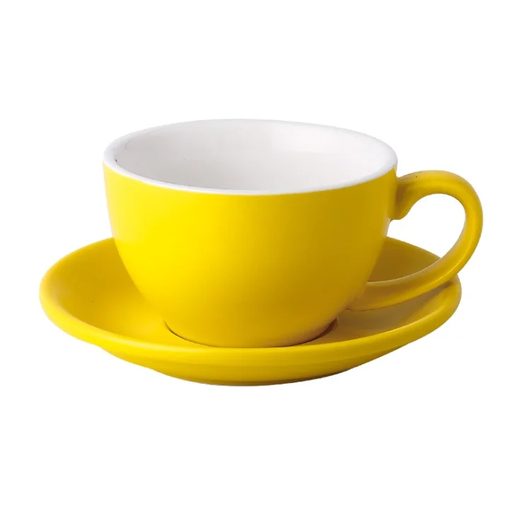 

Amazon Hot Sale 200ml 300ml Colorful Ceramic Coffee Mug Pottery Tea Milk Cup and Saucer Set For Daily Life, 9 colors