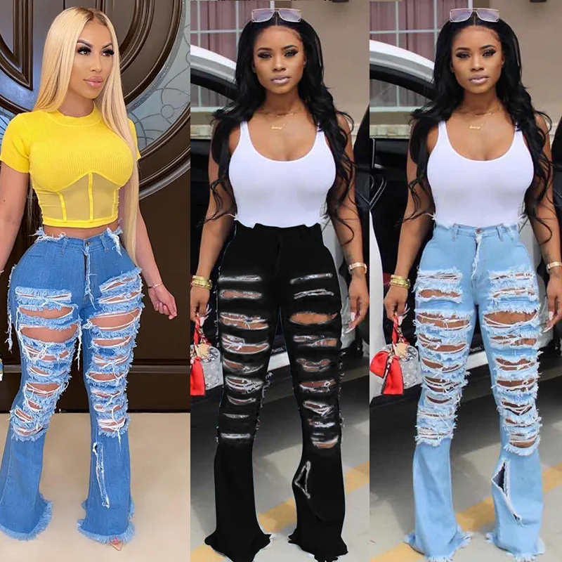 

2021 Latest Fashion Women's Hollow Jeans Pants High Waist Trousers Overall Legging Bell Pants Bottom, Customized color