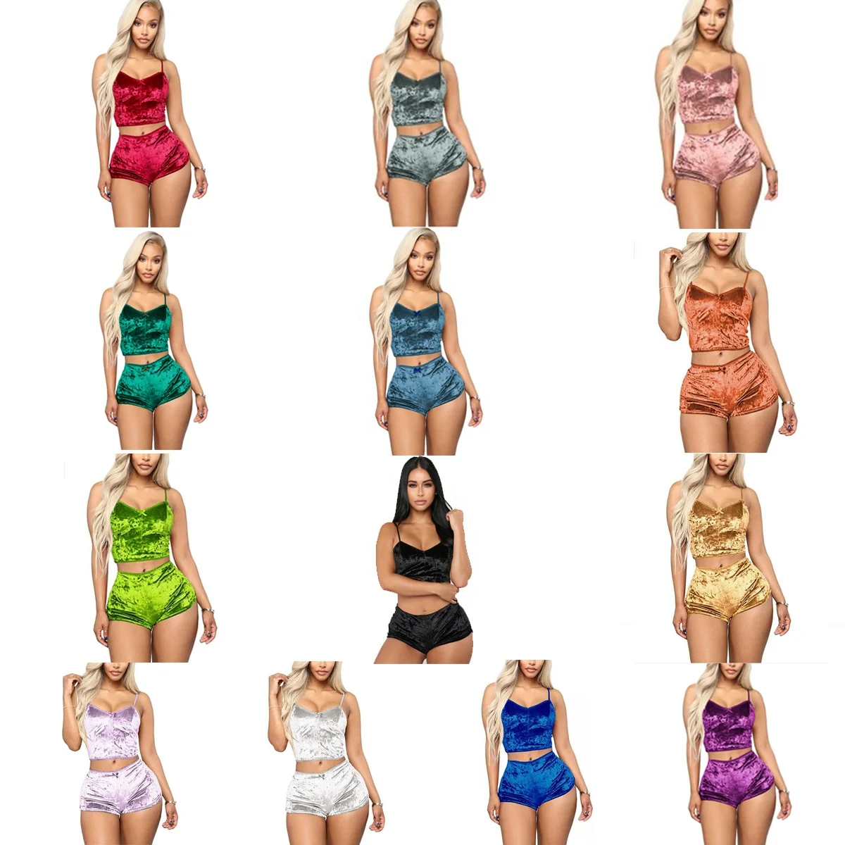 

Colory Fashion Women 2pcs Velvet Sleepwear Sexy Spaghetti Strap Velvet Shorts Pajama Set Party Set, Customized color