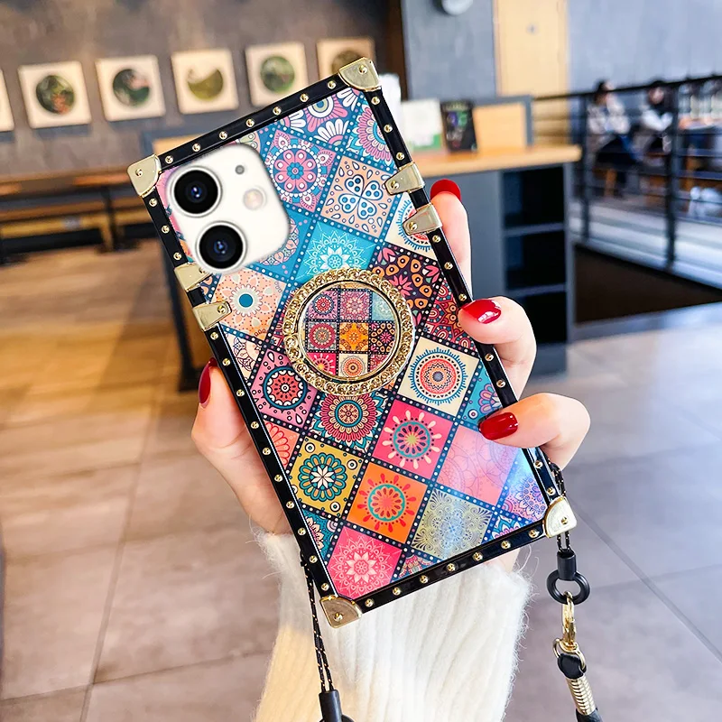 

Personalized Aesthetics Luxury Painting Square TPU Leather Phone Case Back Cover with Chain for iPhone 13case x xs 11 12 pro max