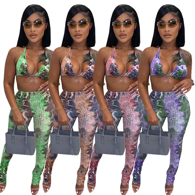 

2021 Sleeveless Printed Bra Top With Long Pants Two Piece Set Sexy Women Clothging Tracksuit, Red/purple/green/brown