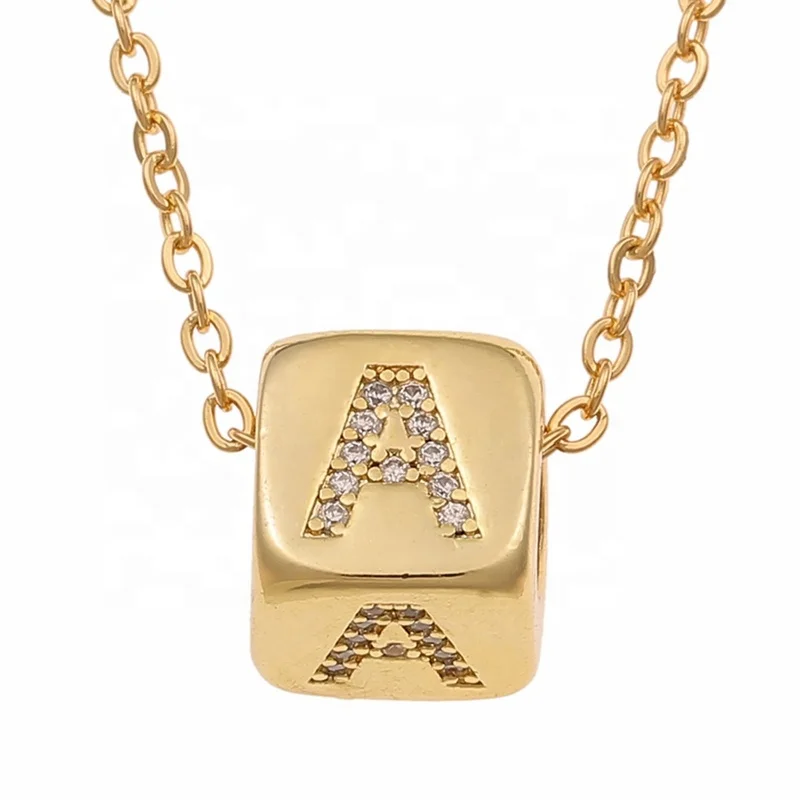 

18K Gold Cubic Zircon Dice Pendant Necklace Crystal Copper Base Cube Alphabet Pendant English Letters A-Z Initial Necklace