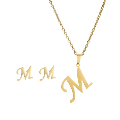

Stainless Steel 26 Capital Alphabet Pendant Necklace Earrings Set A to Z Initial Letter Stud Earrings Necklace Set For Women