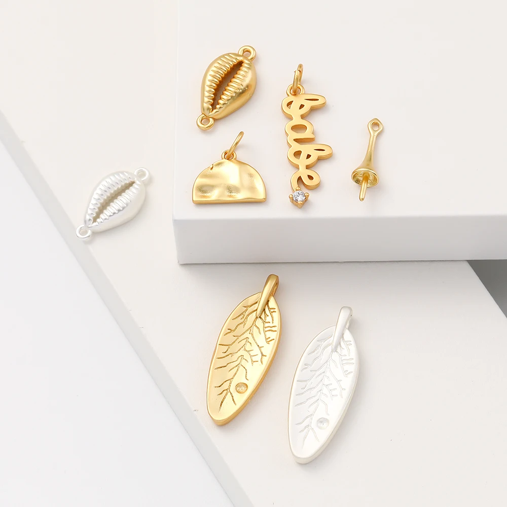 

Dainty Mini 18k gold plated copper with zircon charms geometry leaf shell pendant for jewelry necklace bracelet earring making