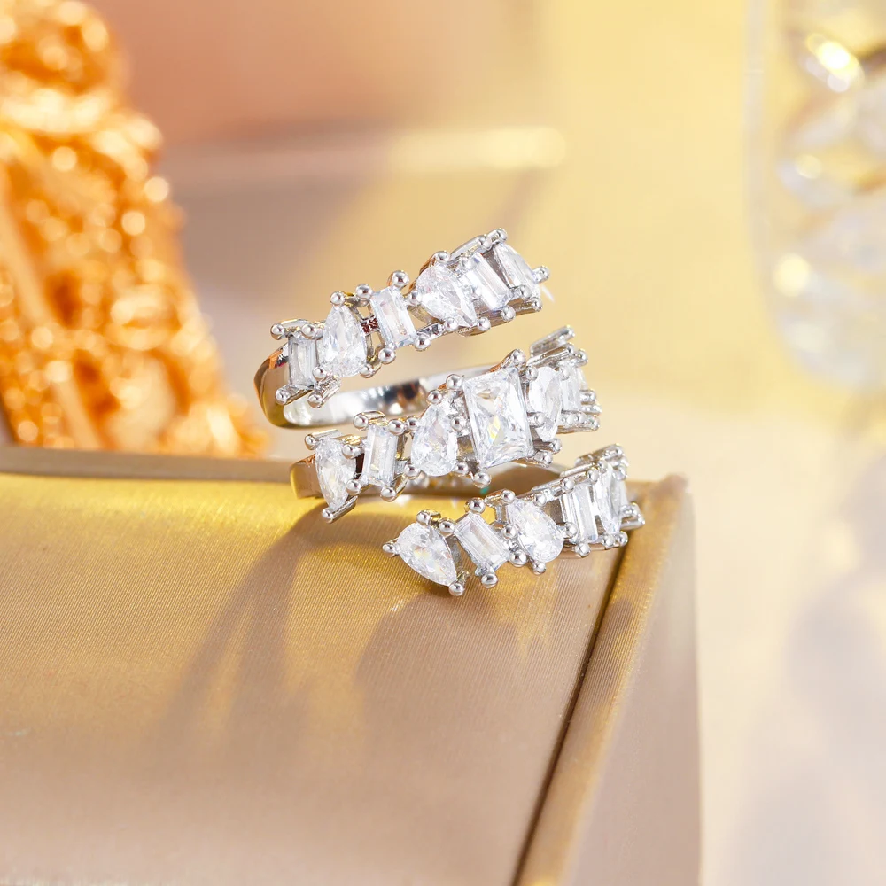 3A Grade Quality Gold Color Shiny White Cubic Zirconia Wedding Engagement Statement Big Adjustable Resizable Ring for Women
