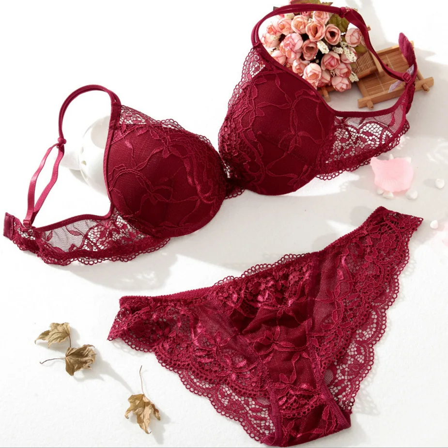 

Hot sale women small A B cup push up deep v sexy gather breathable removable gather transparent young girl lace bra set