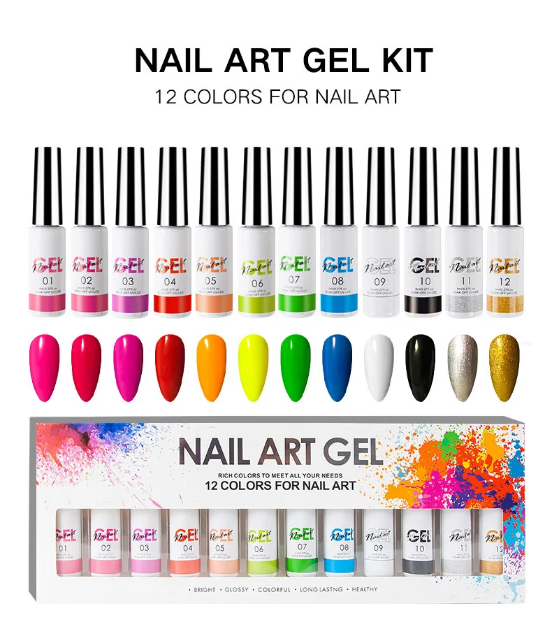 

Nail Art Lacquers Beauty Salon 12 Colors Paint Gel Nails Set Soak off Painting Glow in Dark Gel Line Polish Kit