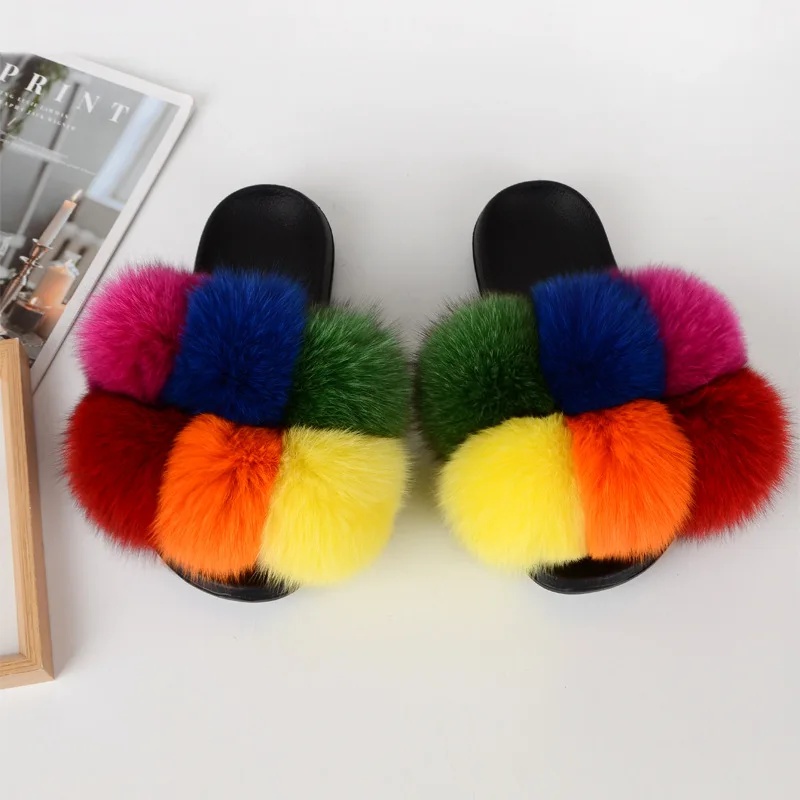 

Custom Logo Slide Sandal Slides Women Slippers Sandals For Women Summer Fox Fur Ball Flat Color Waichuan Slajd Pom Pom Fur Slide, 24 colours