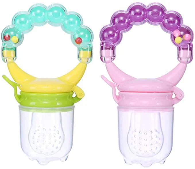 

Factory price BPA Free hand bell Baby Pacifier Feeder with 2 extra nipples for kids, Blue/green/pink/yellow