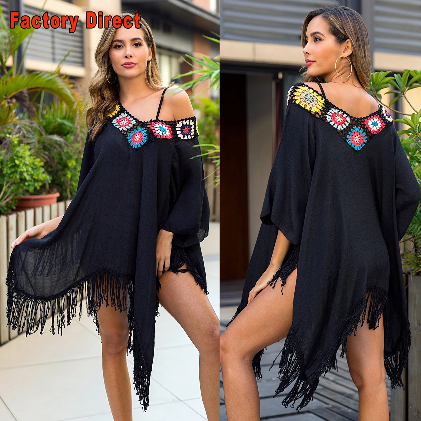 

Amazon Hot Sale Tassel Black Tops Crochet Beach Cover Up Beachwear Dress