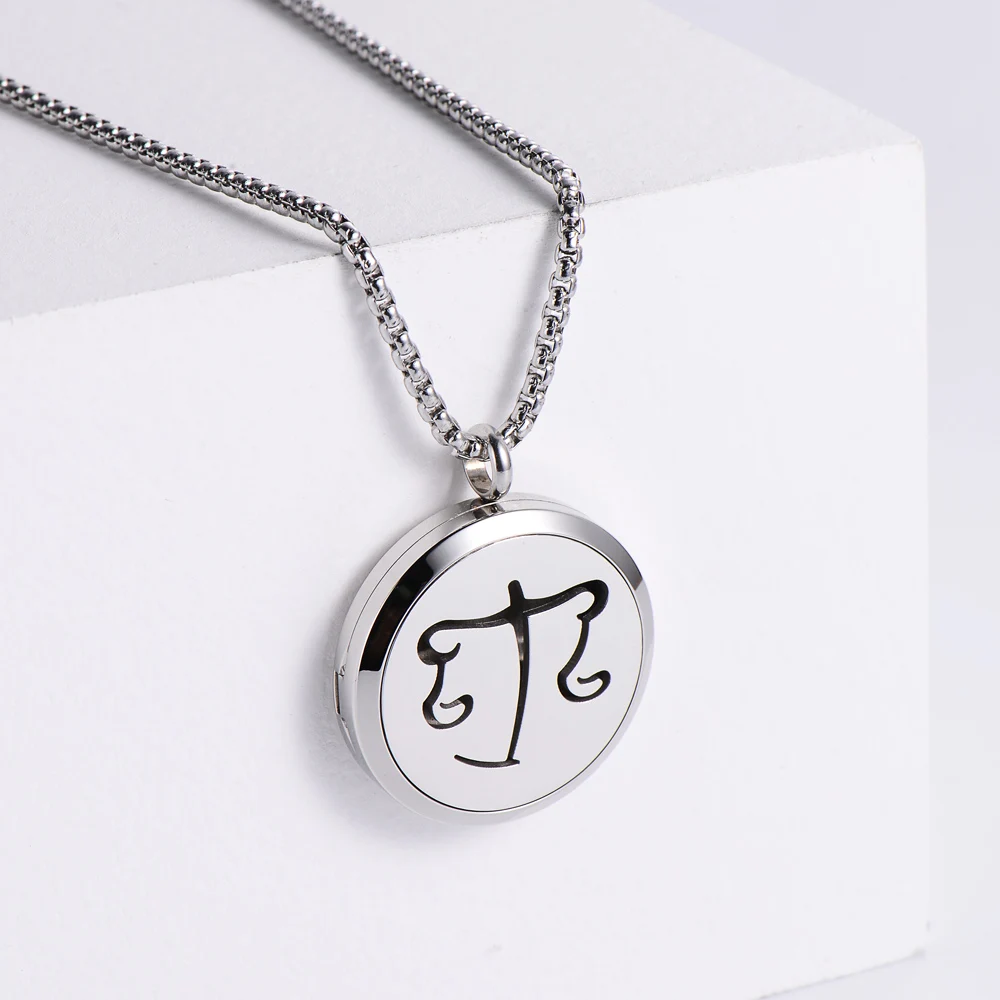 

12 Zodiac Locket Pendant Perfume Aroma Essential Oil Diffuser Necklace, Silver