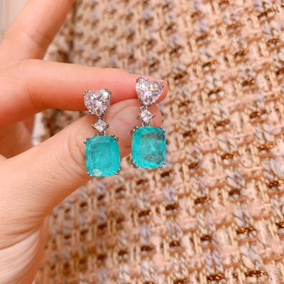 

New Arrival Heart Square Zircon Earrings Hot Selling Colorful Diamond Emerald Paraiba Earrings For Female