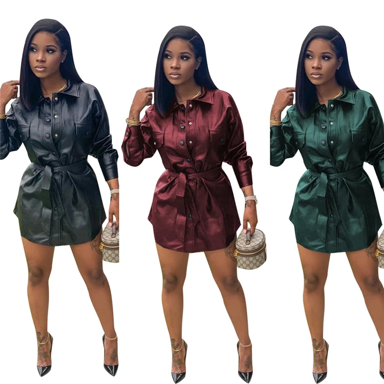 

GC-20101559 Fashion Casual Ladies Dresses Sashes Single Breasted Long Sleeve Short Solid Color Bodycon Women Dress