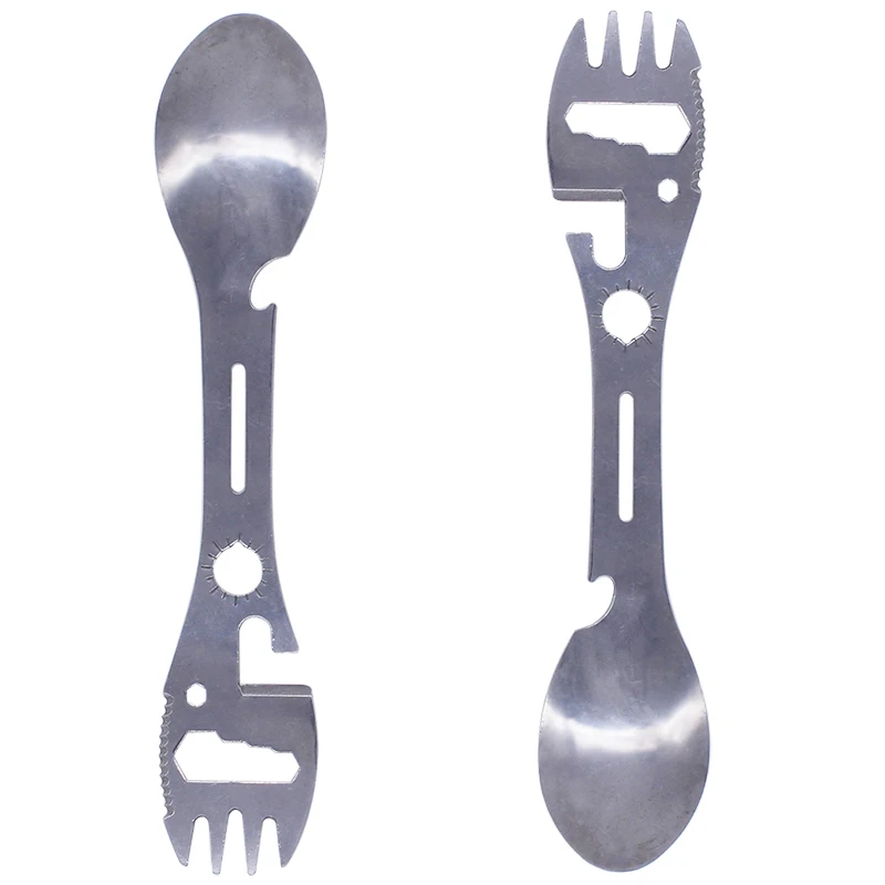 

Outdoor Multi-function Tool Stainless Steel Spoon Fork For Picnic, Silver