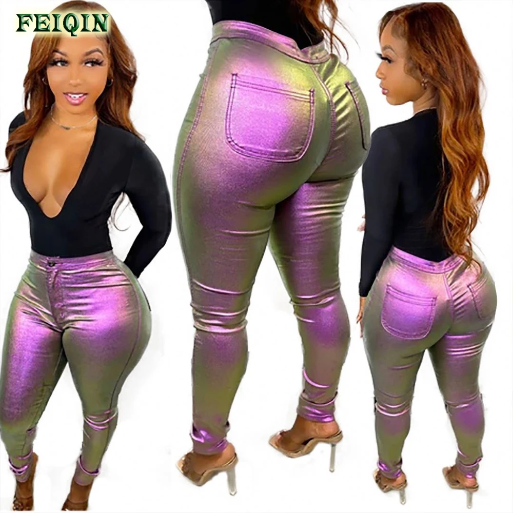 

2022 Women Clothing Y2K Pants Gradient Button Pockets Pencil Pants Tight Skinny Pu Leather Women's Pants & Trousers