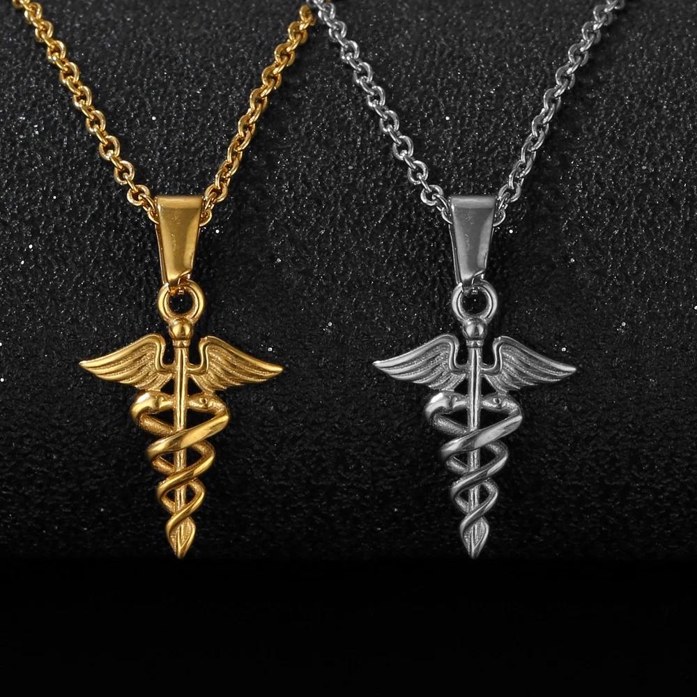 

Customized No Nickel Jewelry Stainless Steel 18k 24k Mens Gold Caduceus Pendant Necklace Vintage Greek Wing Serpent Necklaces