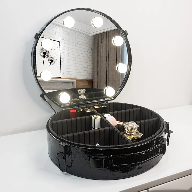 

New Fashion and Hot Sale Cosmetic Case Travel Vanity Boxes with LED Lights and Mirror For Beauty, Silver/red/black