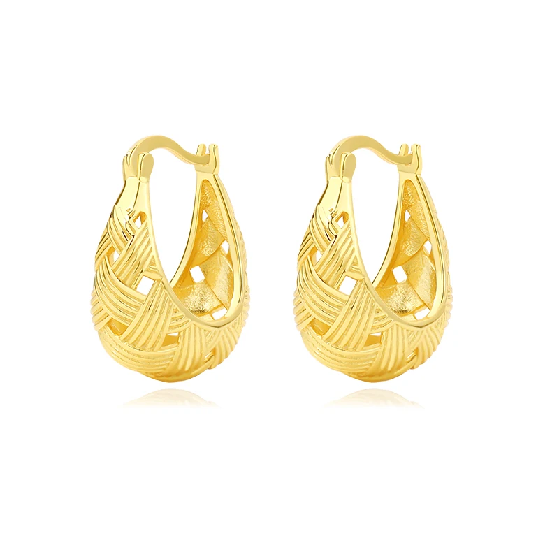 

Wholesale Dainty 925 Sterling Silver 18K Gold Plated Hollow Out Bamboo Weaving Pattern Hoop Earrings