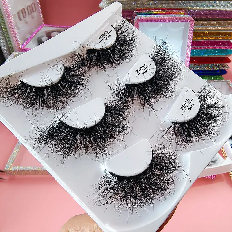 

Private Label super fluffy mink eyelashes 25mm dramatic thick layer long length eyelash vendors, Black