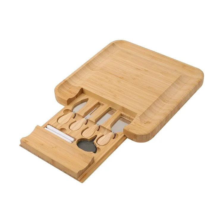 

Wholesale Square Mini Folding Acacia Wood Bamboo Cheese Board Knife Set, Natural bamboo color