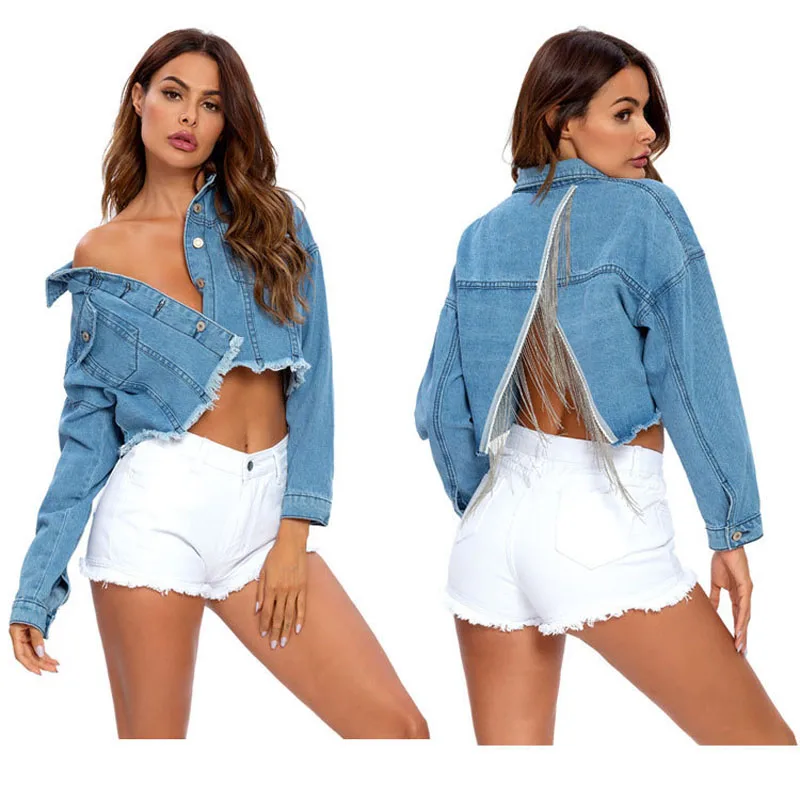 

2020 Fall New Casual Fashion Temperament Women Coat Loose Plus Inlaid Rhinestone Tassel Back Split Short Denim Jacket, Picture