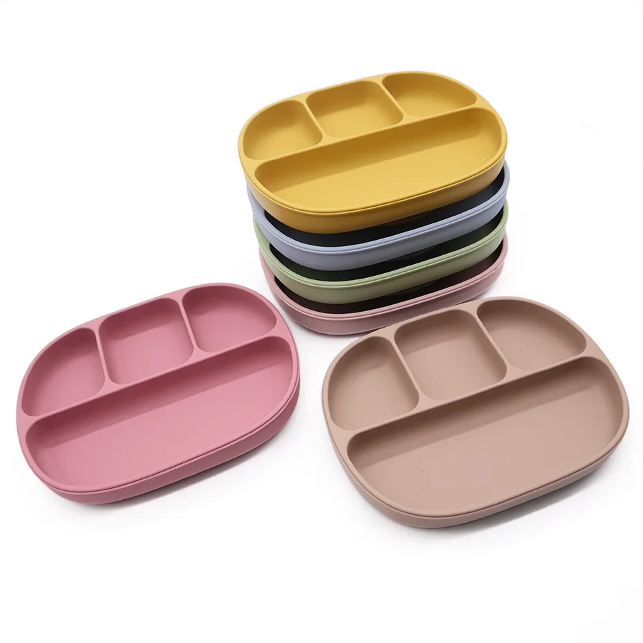 

2021 new children's silicone four-compartment bread with washing plate feeding plate with lid, 12 colors and customized color