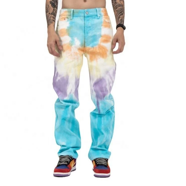 

Casual Loose Straight Denim Pants Male Tie Dye Print Long Trouser, Blue