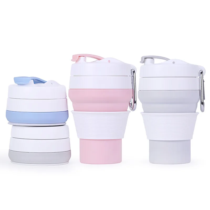 

Wholesale customized 350ml portable folding foldable silicone collapsible reusable coffee cup with lid Carabiner