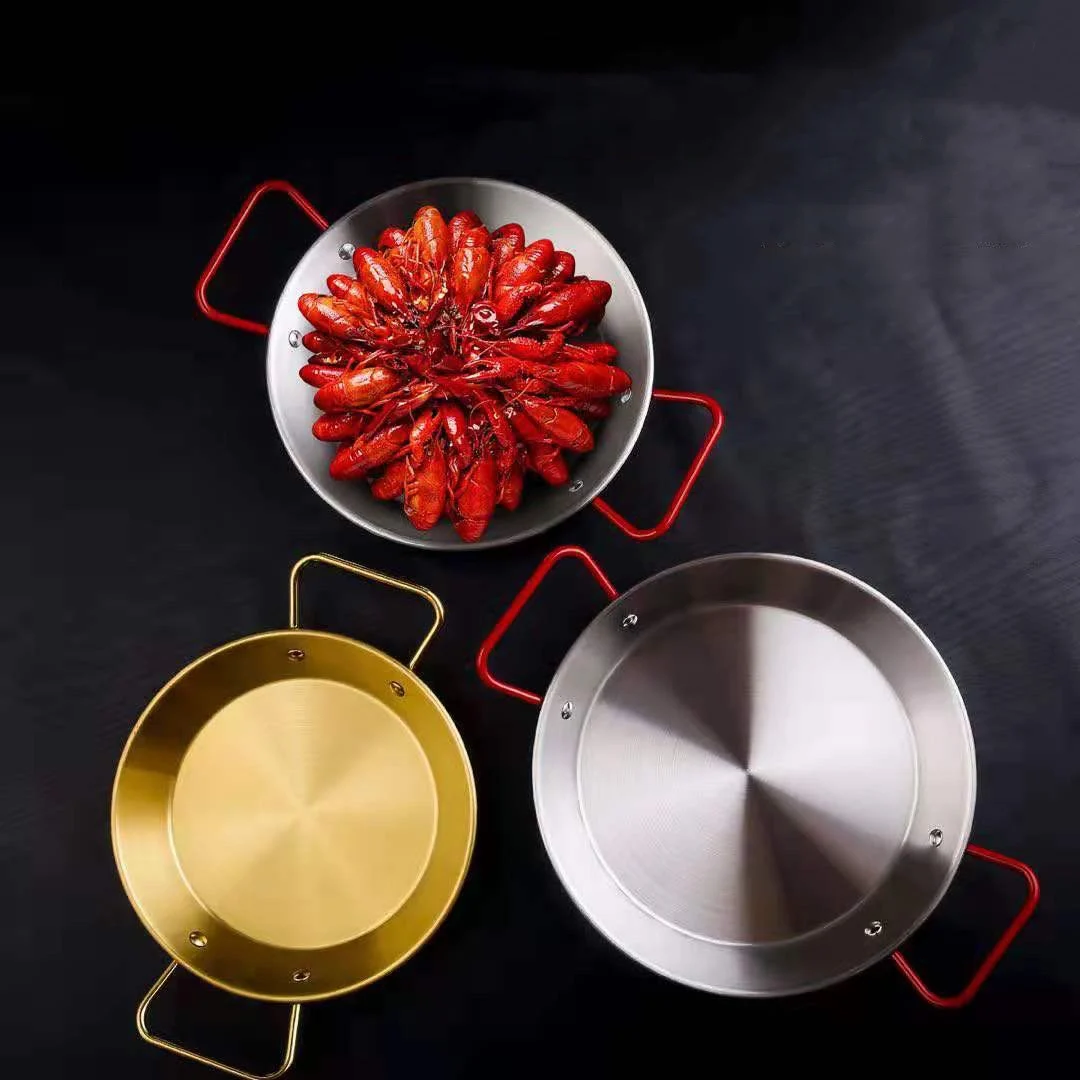 

Wholesale spanish seafood pasta paella  paella pan stainless steel cooking frying pan set, Gold color