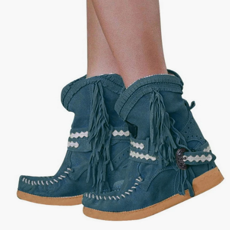 

Rome Style Women Ethnic Ankle Boots Winter Suede Tassel Short Boot Flat Fringe Pleated Shoes TY66
