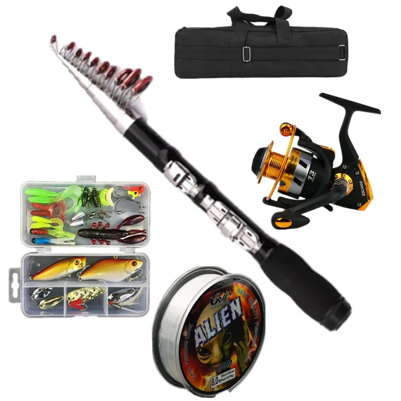 fishing rod with spinning reel bait lure set hooks box and bag short travel telescopic rod combo 1-2.3m stick boat rock pole