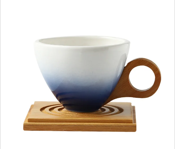 

Reinforced coffee thick ceramic gradual wood water tea plate bamboo handle saucer cone cup set, Customized mini ceramic cup