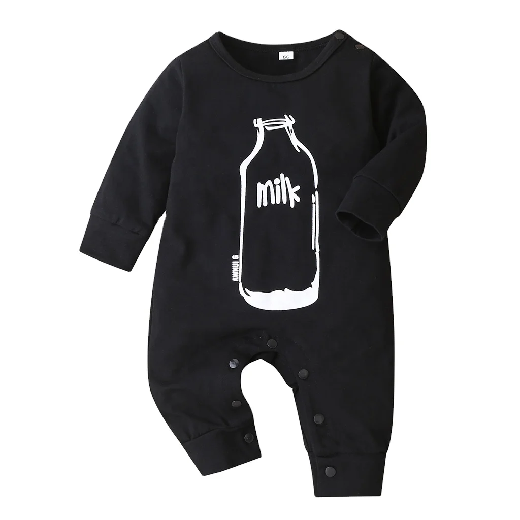 

KYO Milk Bottle Printed Newborn Baby Unisex Black Long Sleeve Rompers Children's Autumn Casual Jumpsuit