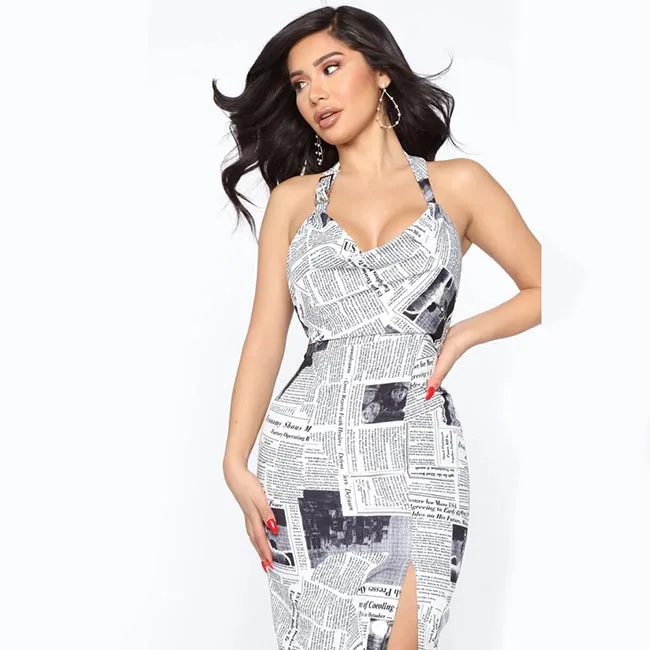 

2021 new style hot-selling fashion printing letter lace sling elegant dress ladies sexy casual prom dress, Picture
