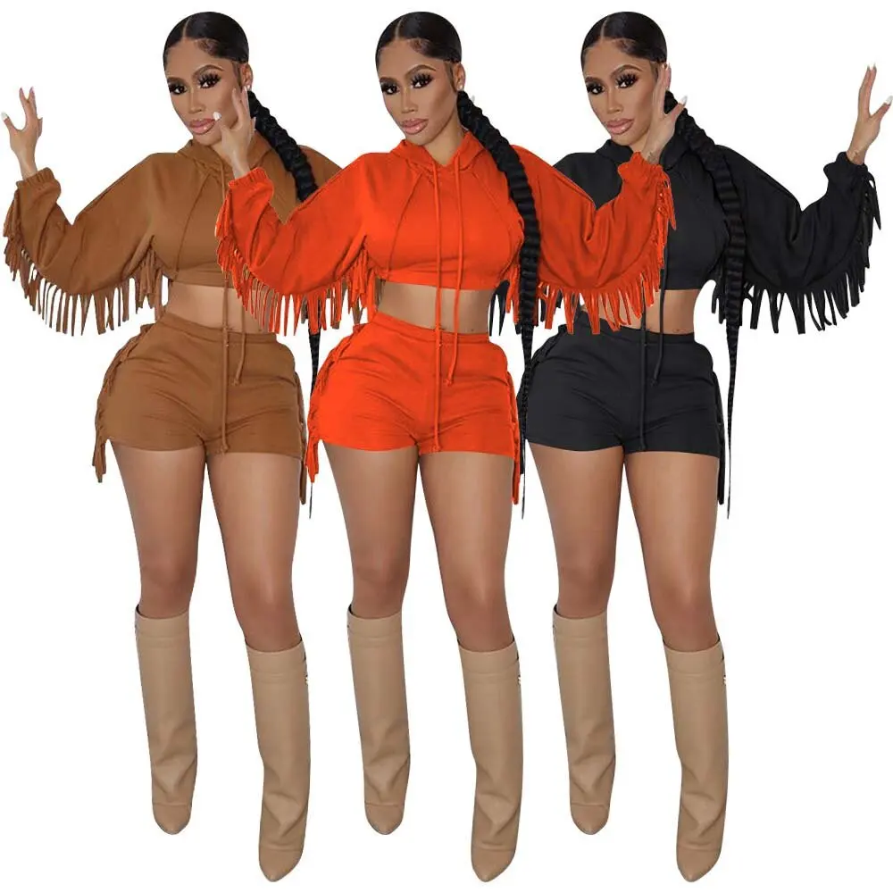 

2021 Winter Clothes Women Wholesale Custom Crop Hoodies Top Fringe 2 Piece Short Set Women Tassel Pants Two Piece Pants Sets, Picture