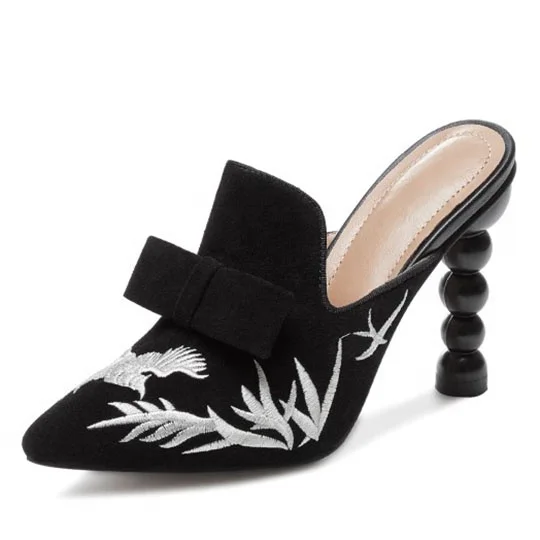 

Floral Embroidered Women Slippers Bowtie Unique High Heels Sandals Closed Pointed toe Mules Shoes, Black