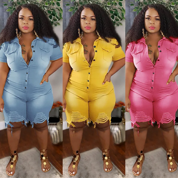 

2021 new plus size women's slim slimming denim jumpsuit with holes