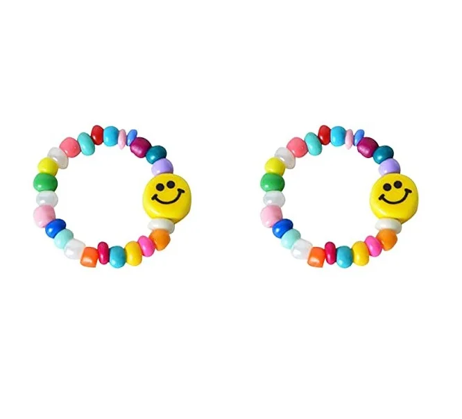 

Colorful Beaded Smiley Face Ring Handmade  Size Elastic Smiley Face Ring for Women Girls, As picture shows