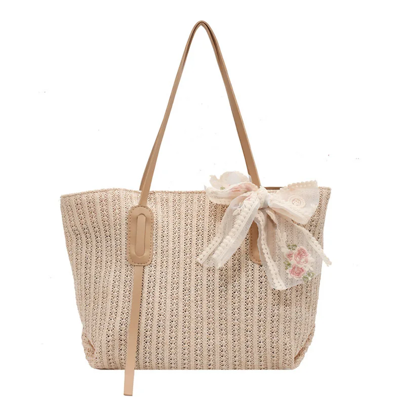 

Straw Bucket Bags Summer Holiday Style Single Shoulder Handbags New Style Elegant Women Large Capacity Bow PU Casual Tote CN;ZHE, As picture