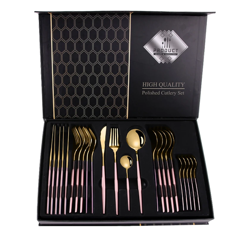 

Eco-friendly 24pcs Stainless Steel Flatware Set Restaurant Hotel Tableware Spoons and Forks Set, Black, pink, blue, green