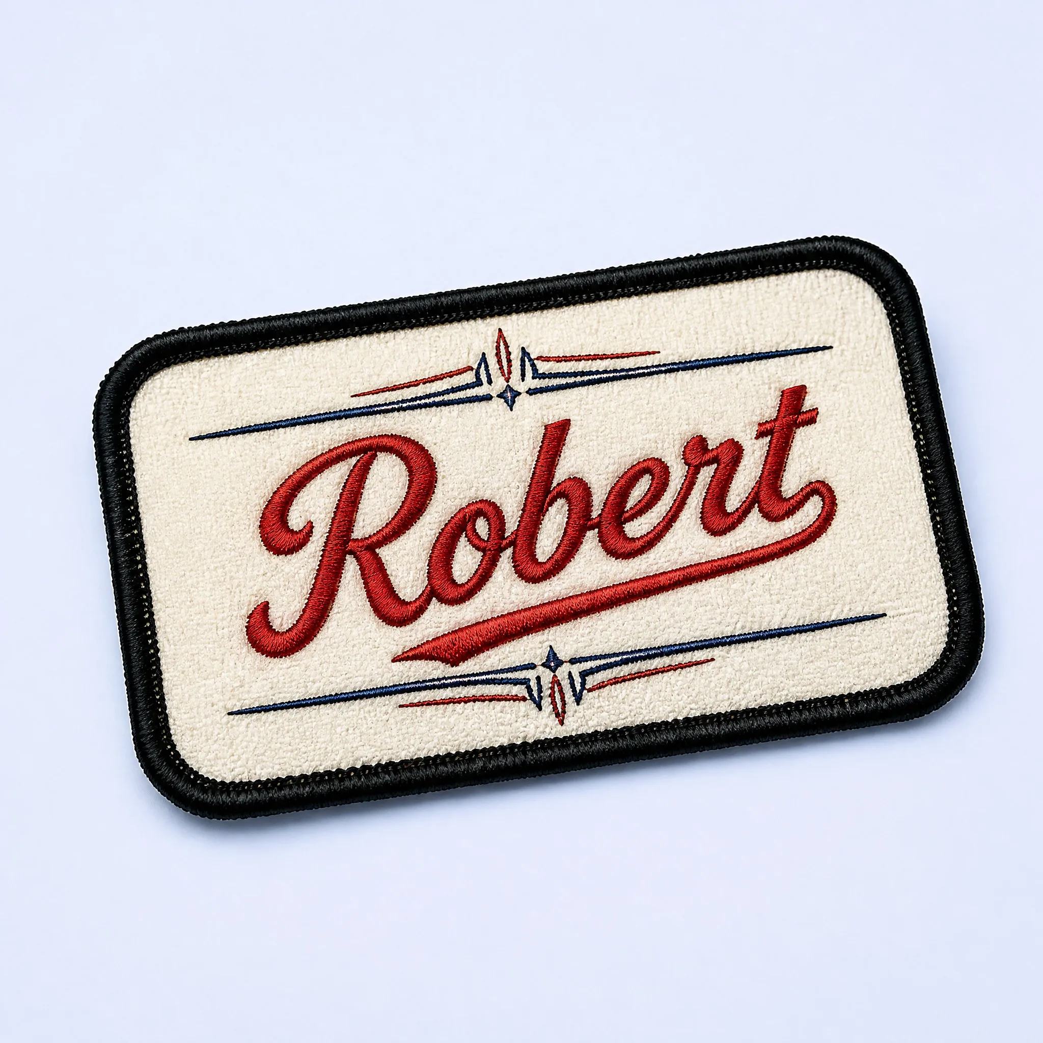 Robert Retro Mechanic Baseball Script Embroidered Name Patch with Red and Navy Blue Pinstripe Accents on Off-White Twill