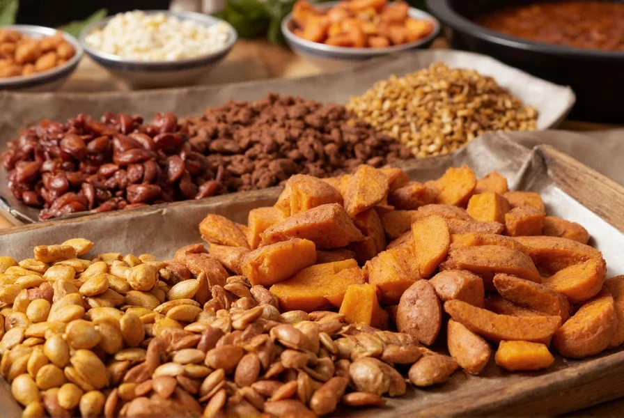 Seasonal chili bar with autumn-themed toppings including roasted pumpkin seeds and cinnamon-spiced sweet potatoes arranged on a wooden table