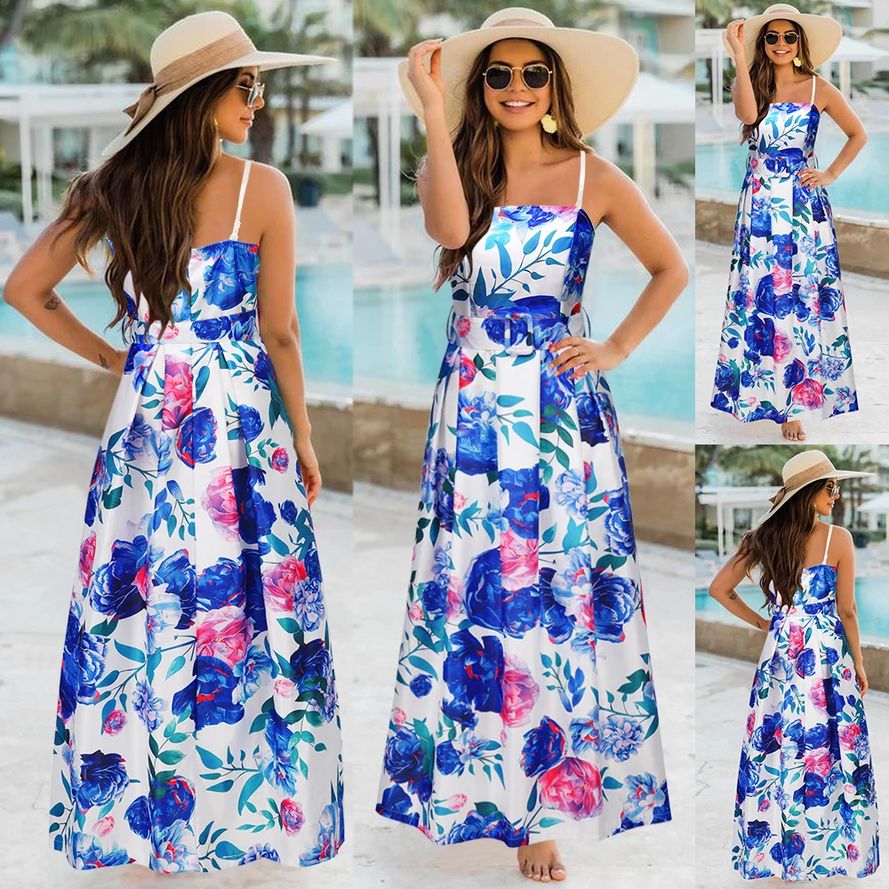 

2021 New Style Printed Waist Belt Shoulder Strap Adjustable Women's Long Dress Wholesale Summer Women's Slim Long Dress