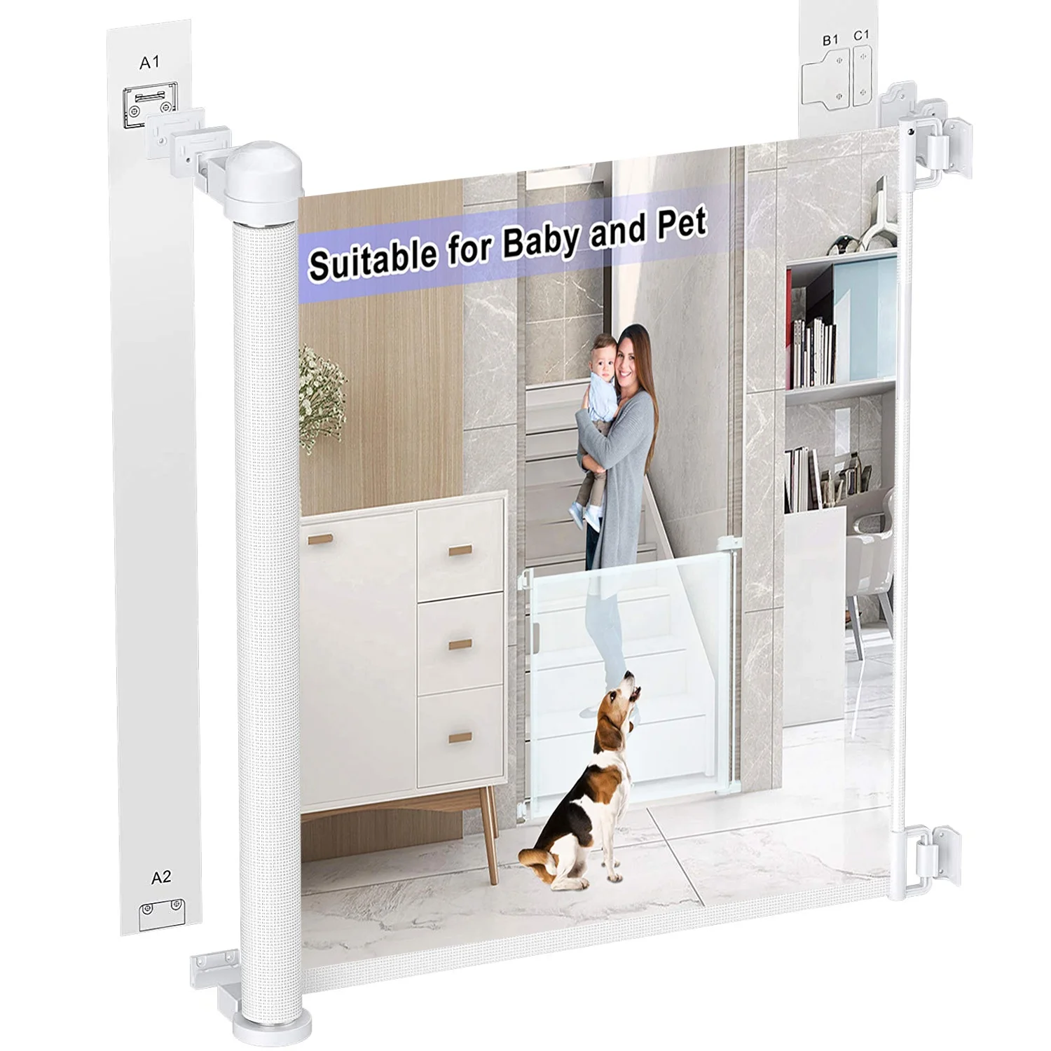 

Retractable Baby Gate, Mesh Dog Gate Safety Barrier baby gate for Kids or Pets